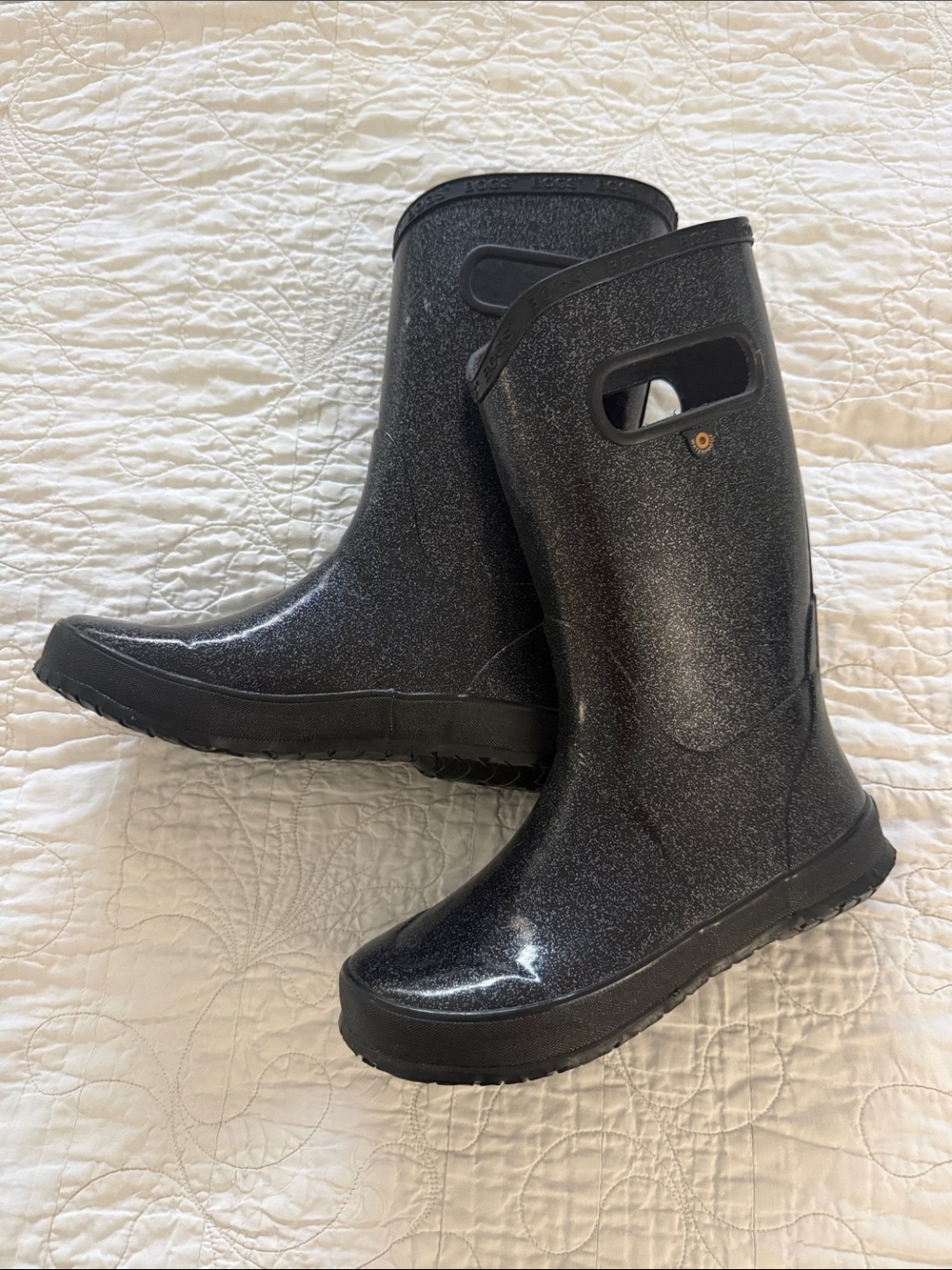 Bogs Kids Black Glitter Rain Boots with Carry Handles